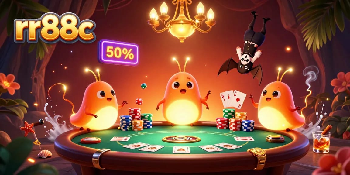 Bet and win at rr88c in a vibrant cave casino illustrated with glowworms and poker elements.