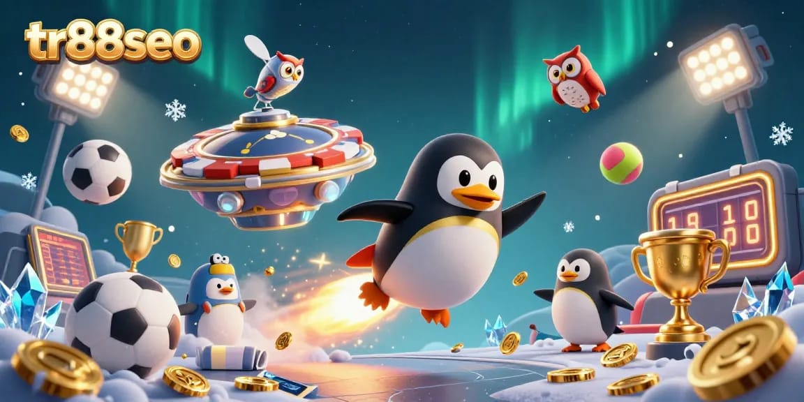 Betting on tr88seo features 3D golden penguin while winning big at the casino space station.