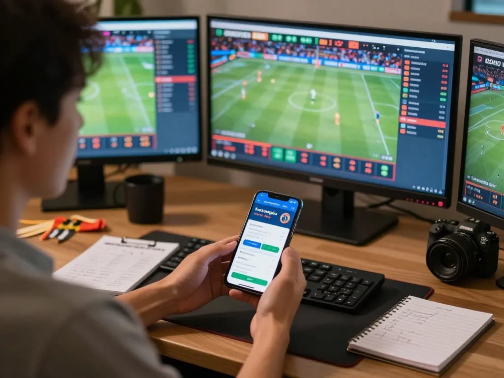 Betting on keobongda with multiple screens showcasing live sports and odds, engaging home gambling atmosphere.