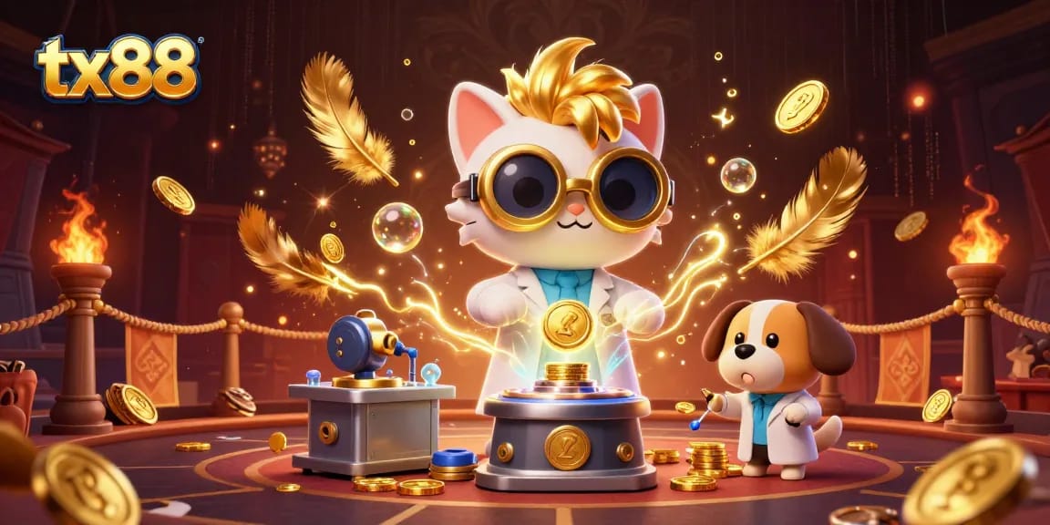 Experience thrilling casino action with tx88 as a mad scientist cat invents a gold coin machine surrounded by dynamic gambling elements.