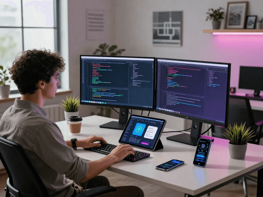 Developer coding in modern office, showcasing nsfw chat bot development environment with dual monitors and tech ambiance.