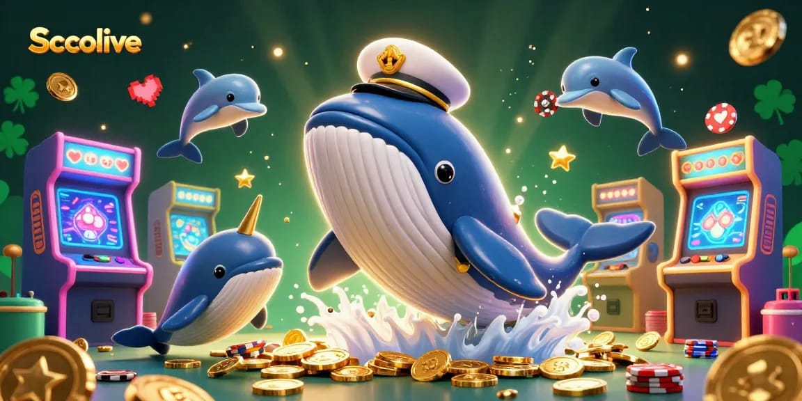 Socolive showcases a dynamic 3D scene with a cartoon whale and playful dolphins amidst a vibrant casino setup.