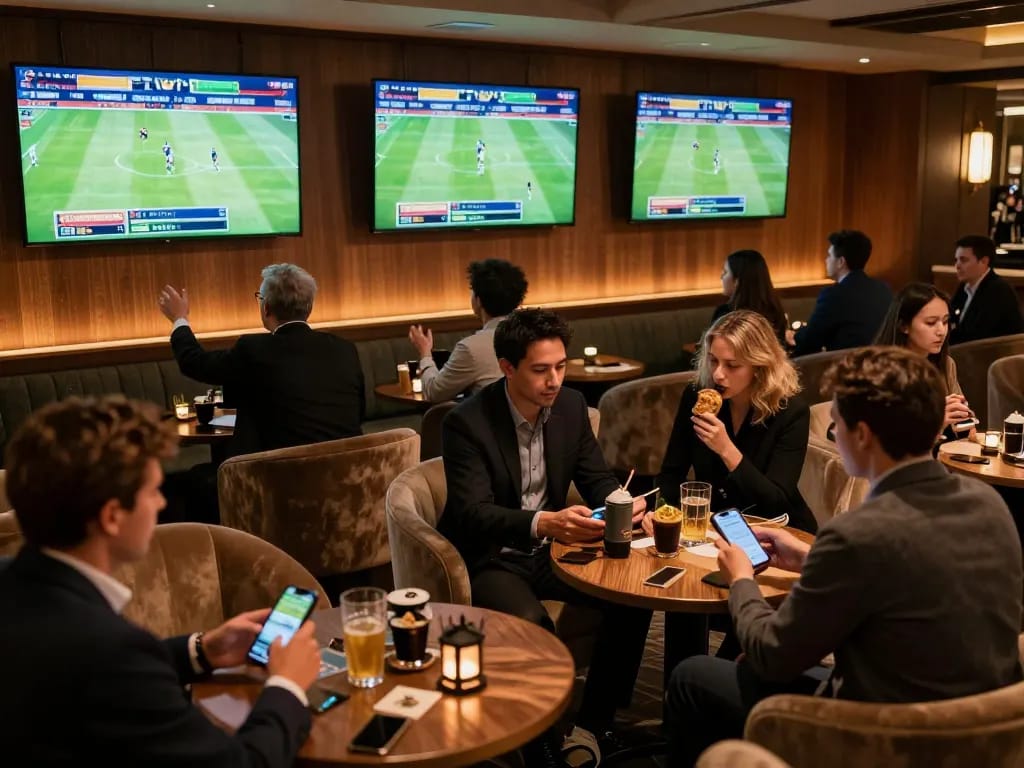 Sports fans placing bets on fabet during a lively event in an elegant betting lounge.