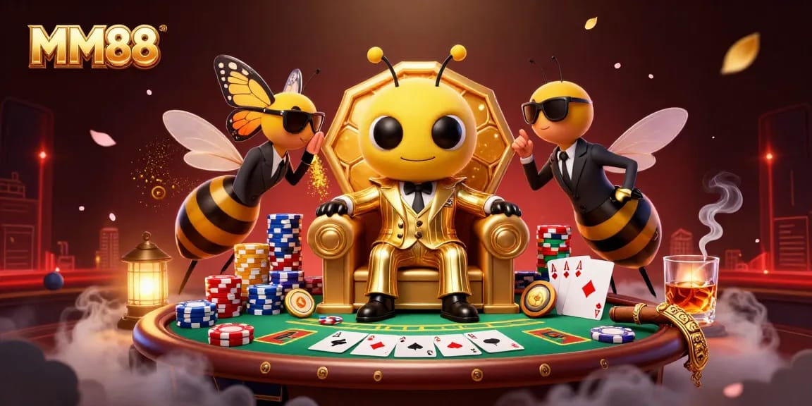 Engage with thrilling poker action at MM88 with a lively casino illustration featuring vibrant characters and game elements.