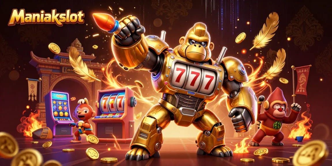 Experience the excitement of Maniakslot with a dynamic 3D scene featuring a golden gorilla mech.