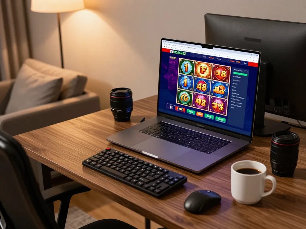 Player engaging in online slots at IDCASH88 from home using a laptop setup with warm lighting