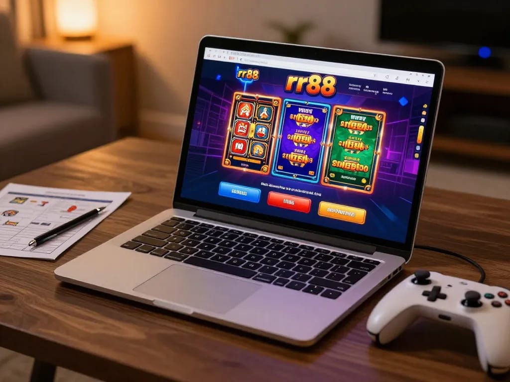 Navigate rr88's exciting online slots in a cozy home gaming setup.