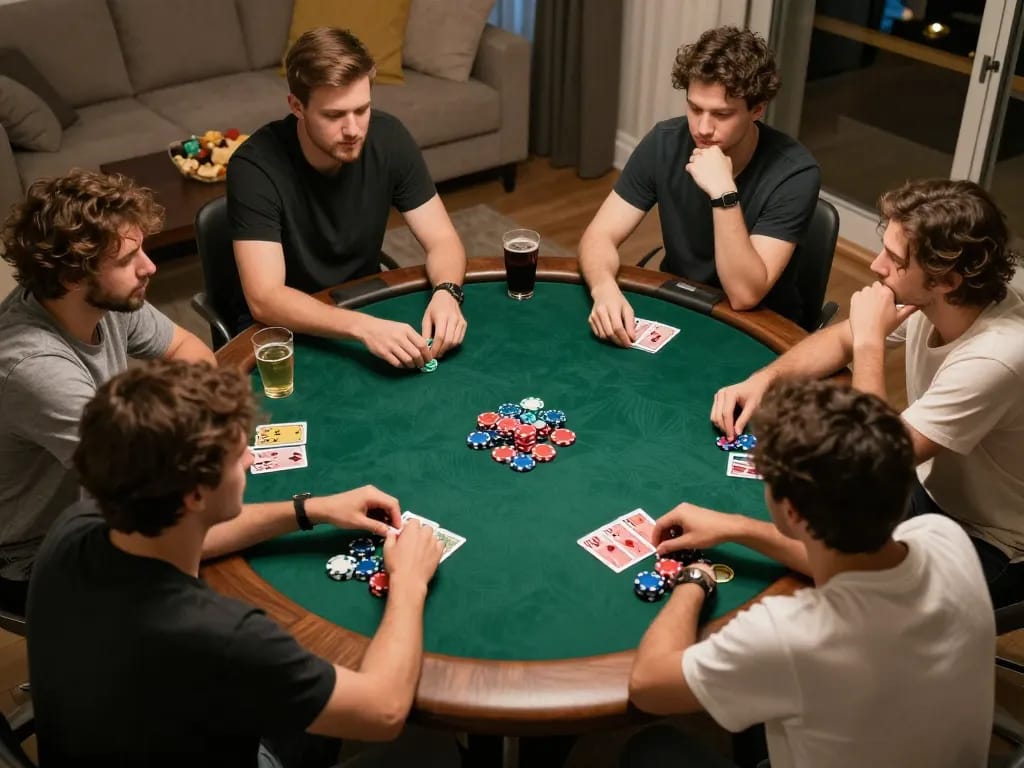 Friends playing poker at home with sunwin chips and cards involved in an intense game