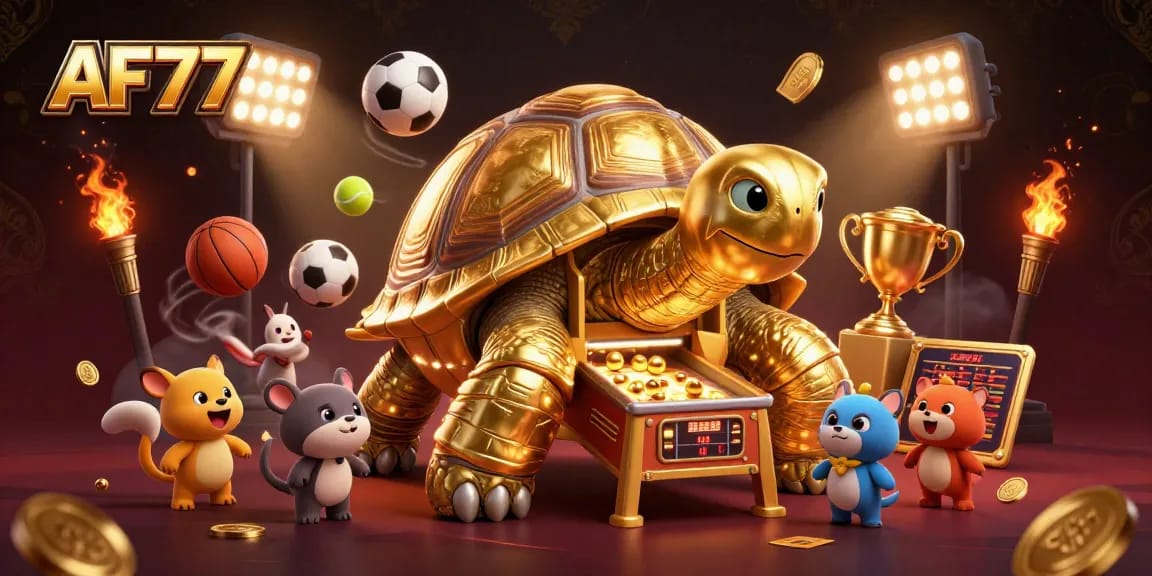 Bet big with AF77 in a vibrant casino featuring a golden tortoise pinball machine.