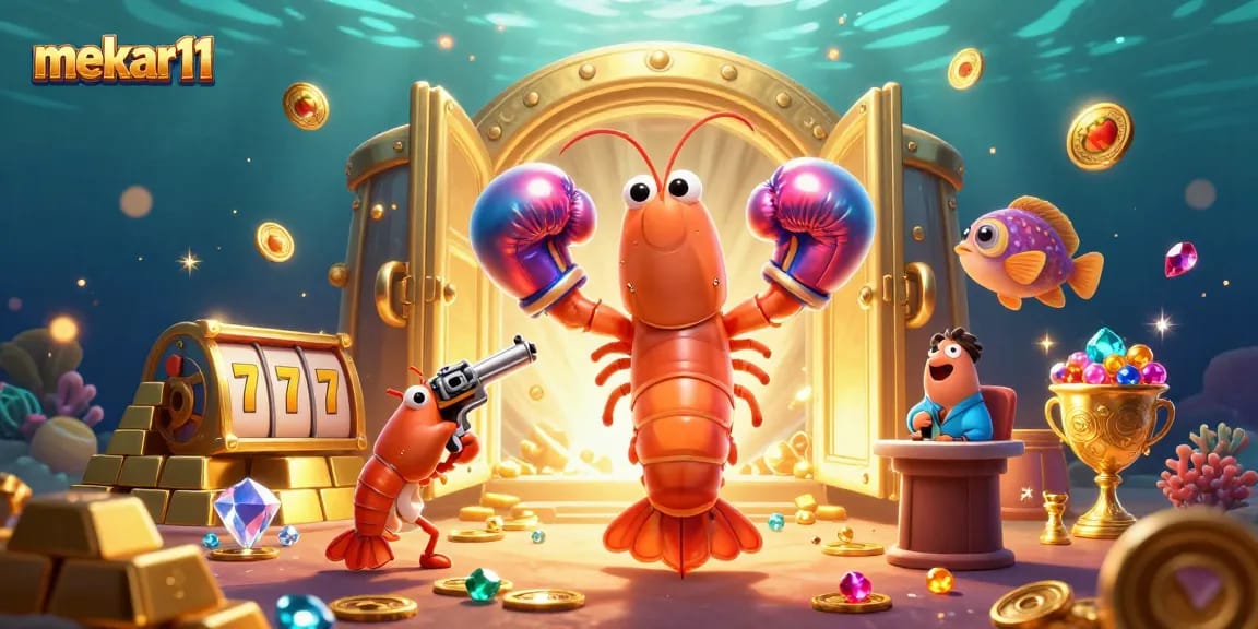 Mekar11 showcases a vibrant 3D illustration with a mantis shrimp and slot elements bursting with treasure.