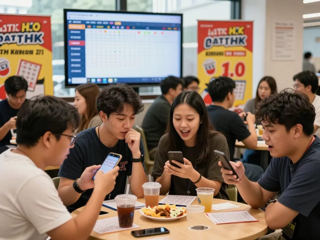 Excited group discussing Data HK results at a live lottery event, showcasing vibrant interactions and community engagement.