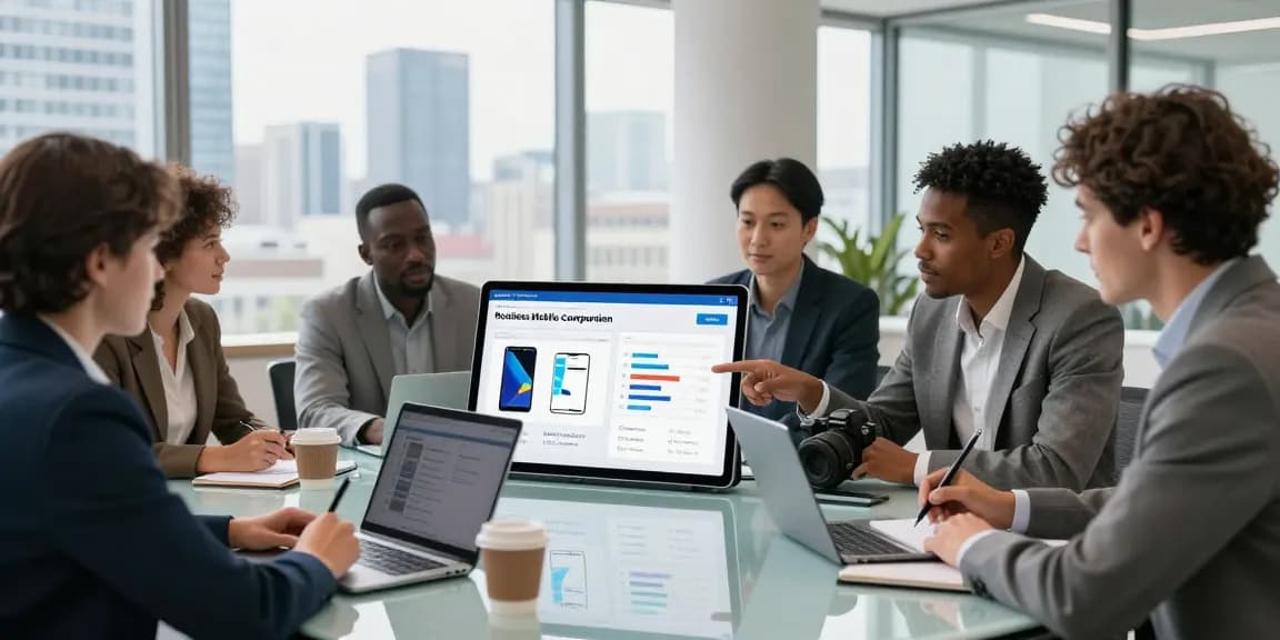 Team of professionals discussing business mobile comparison UK in a modern office meeting.