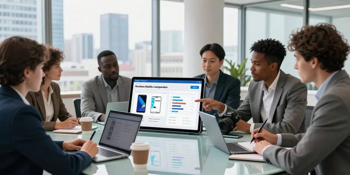 Team of professionals discussing business mobile comparison UK in a modern office meeting.