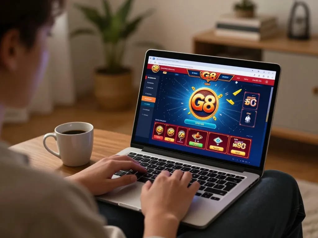 Player enjoying GG 88 online casino games on a laptop in a cozy home setting.