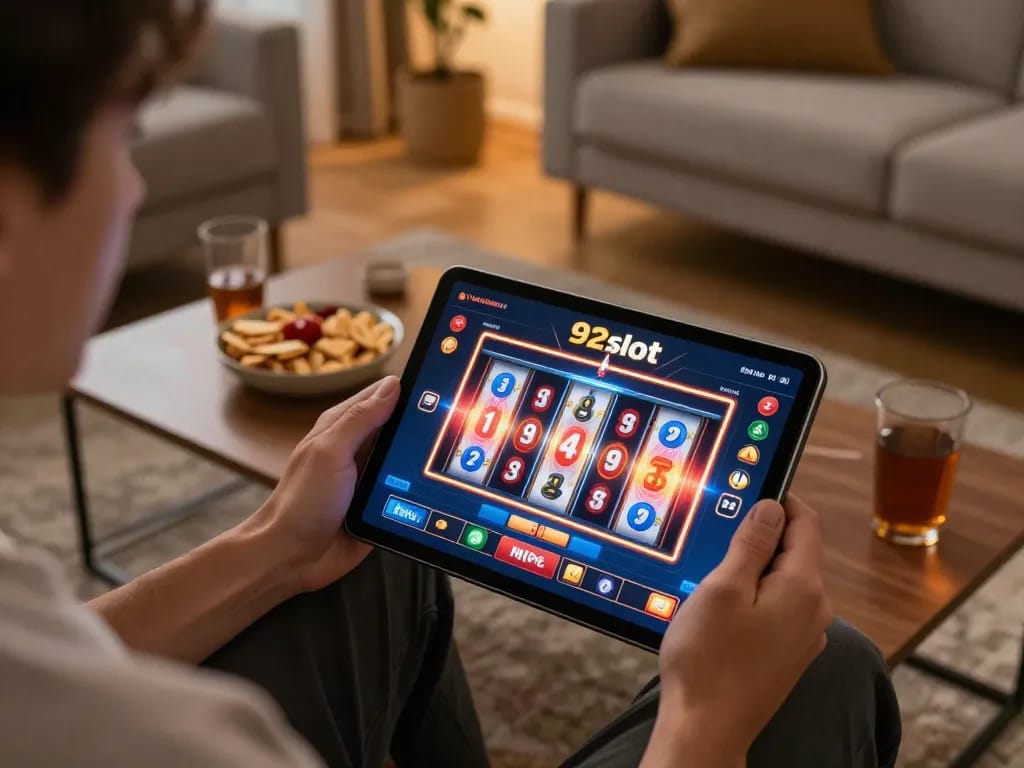 Player experiencing 92slot online slots on a tablet in a cozy living room atmosphere