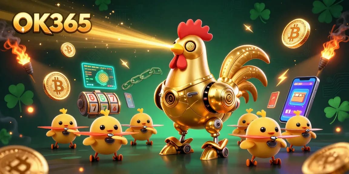 Engage with OK365, a lively robot and chick drones in a vibrant casino gaming scene.
