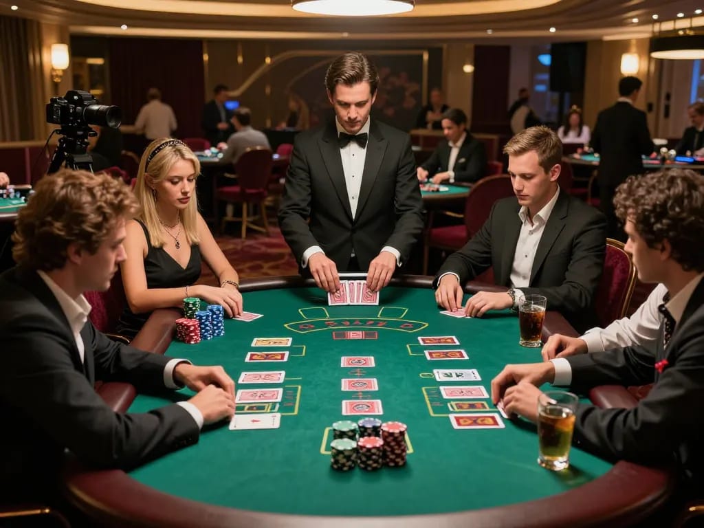 CM88 players strategizing at a luxurious blackjack table, capturing the thrill of the game.