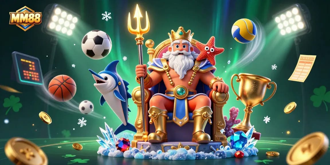 Experience the excitement of MM88 with Neptune and sports elements in a vibrant casino scene.