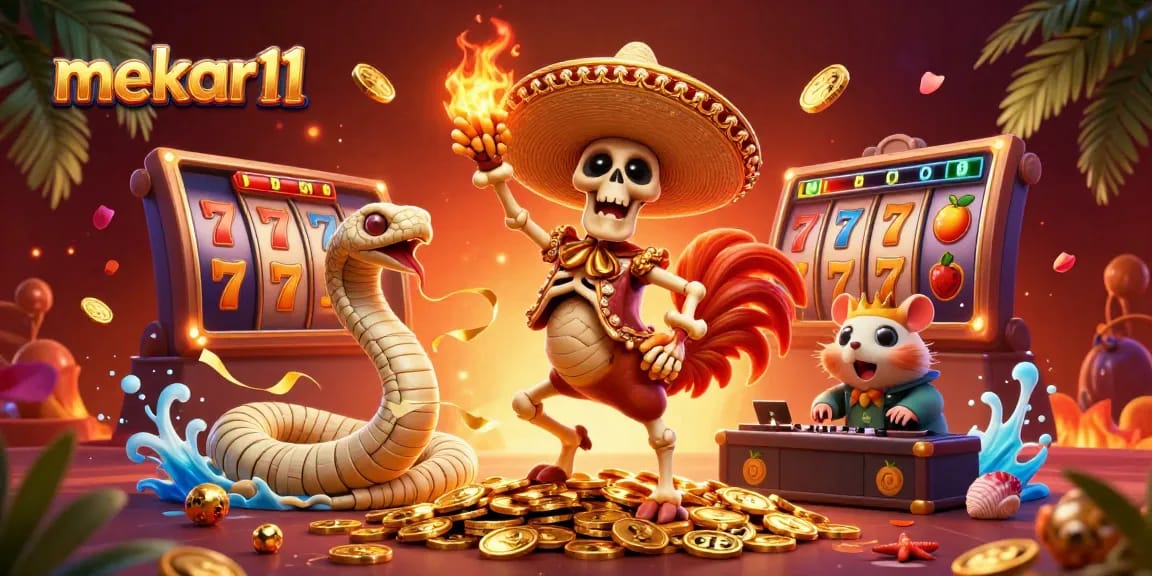 Experience thrilling jackpots with mekar11 in an energetic 3D casino scene packed with vibrant gaming elements.
