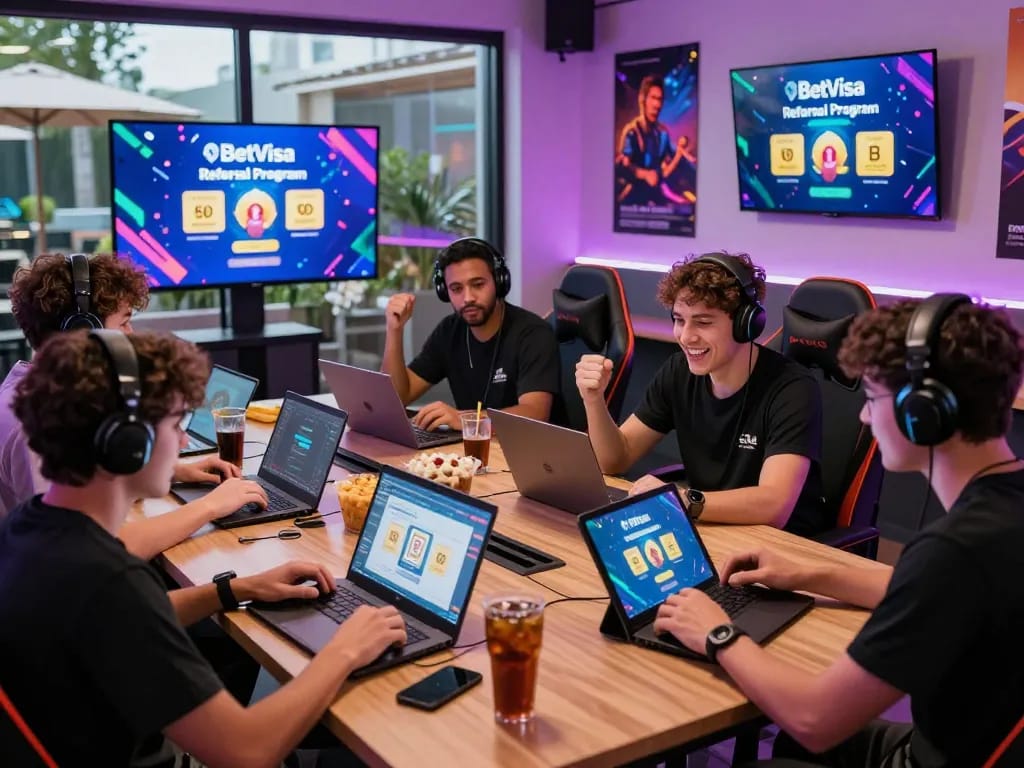 Engaged friends discussing the BetVisa referral bonus and rewards in a vibrant gaming atmosphere.