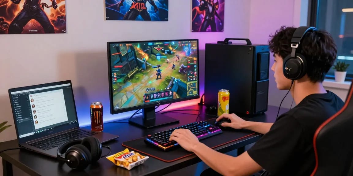 Vibrant scene of a gamer immersed in action on the XX88 platform, surrounded by gaming gear and snacks, illustrating the excitement of online gaming.