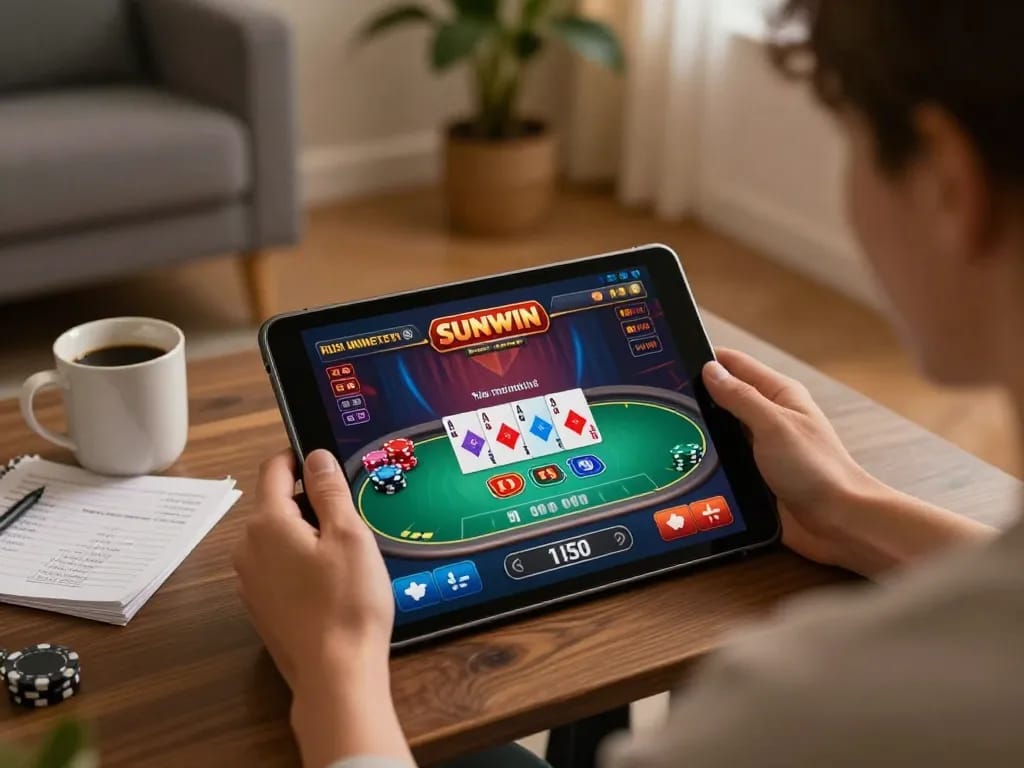 Engaging online poker session at SUNWIN, highlighting vibrant gaming interface and cozy atmosphere.