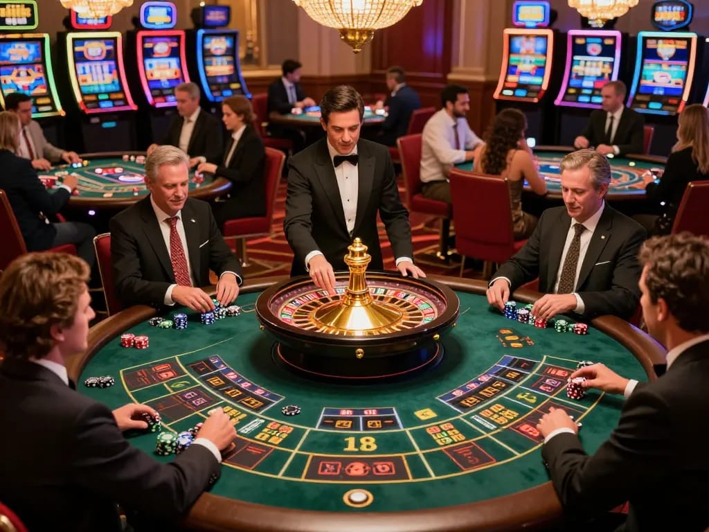 Players enjoying an exciting roulette game at 888now casino, vibrant decor, and engaging atmosphere.
