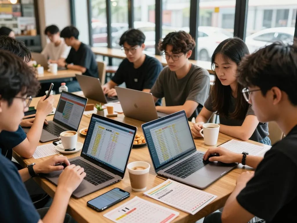 Gathering of young adults analyzing Data HK in a modern café setting, surrounded by lottery tickets and technology.