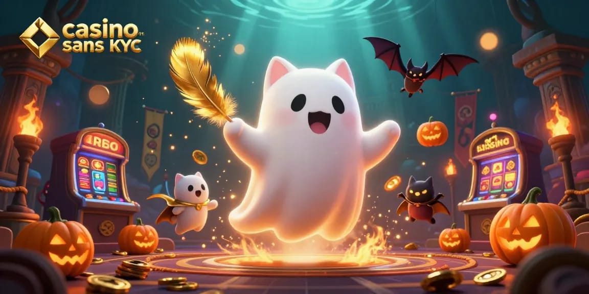 Casino live sans KYC : mise en avant d'un chat fantôme et d'une chauve-souris sur fond de casino animé.