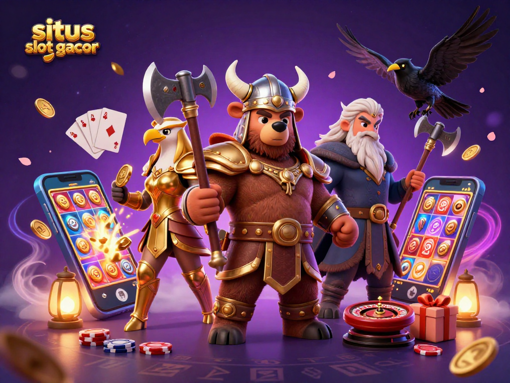 Experience the excitement of situs slot gacor with a dynamic 3D scene featuring colorful slot games and adventurous characters.