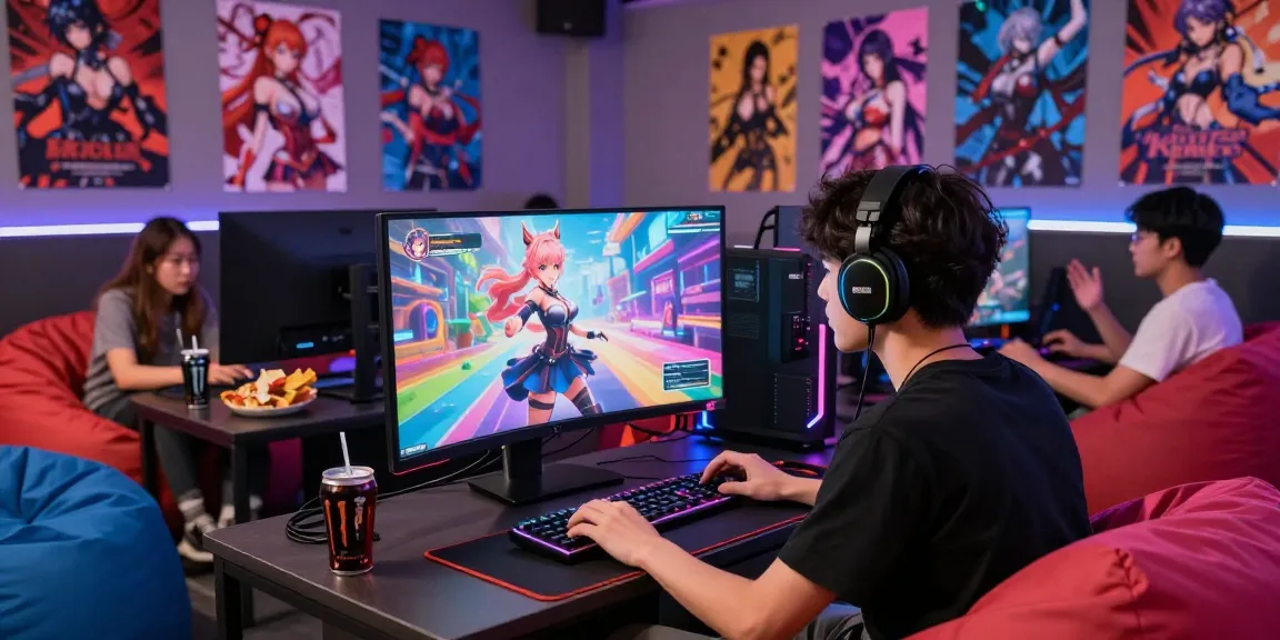 Engaging gaming scene with players enjoying a hentai game in a vibrant lounge.