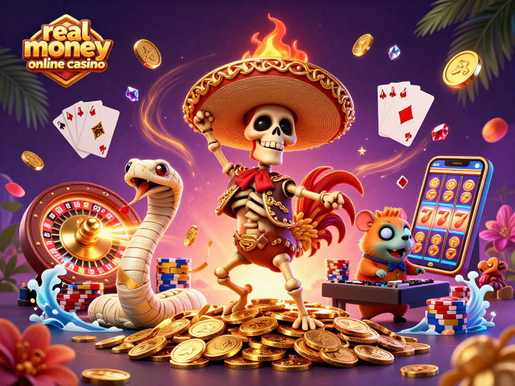 Experience the excitement of real money online casino gameplay with vibrant dancing skeletons and festive elements.