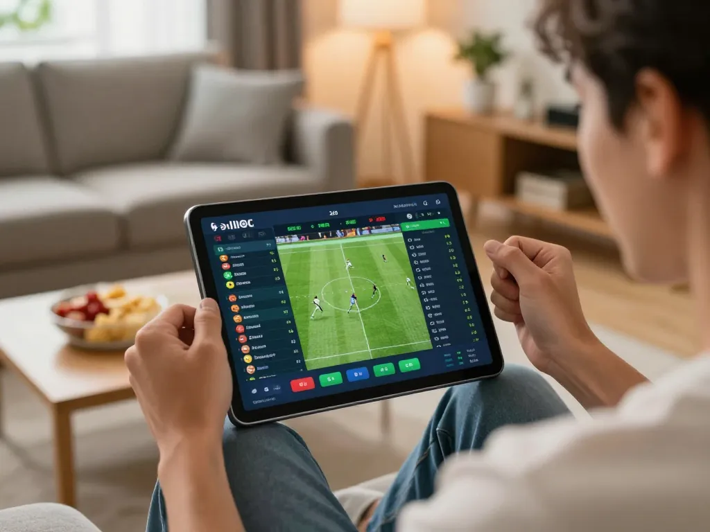 Engaging with CM88 sports betting on tablet while celebrating a win in a cozy living room setting