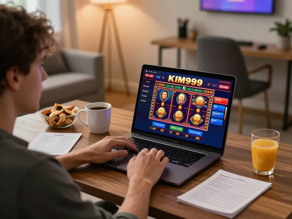 Player enjoying KIM999 online casino game at home, showcasing engaging betting interface.
