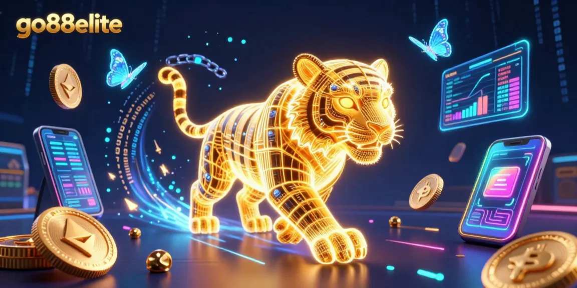 Engage with go88elite in a captivating 3D digital casino experience featuring a golden tiger and energetic crypto elements.