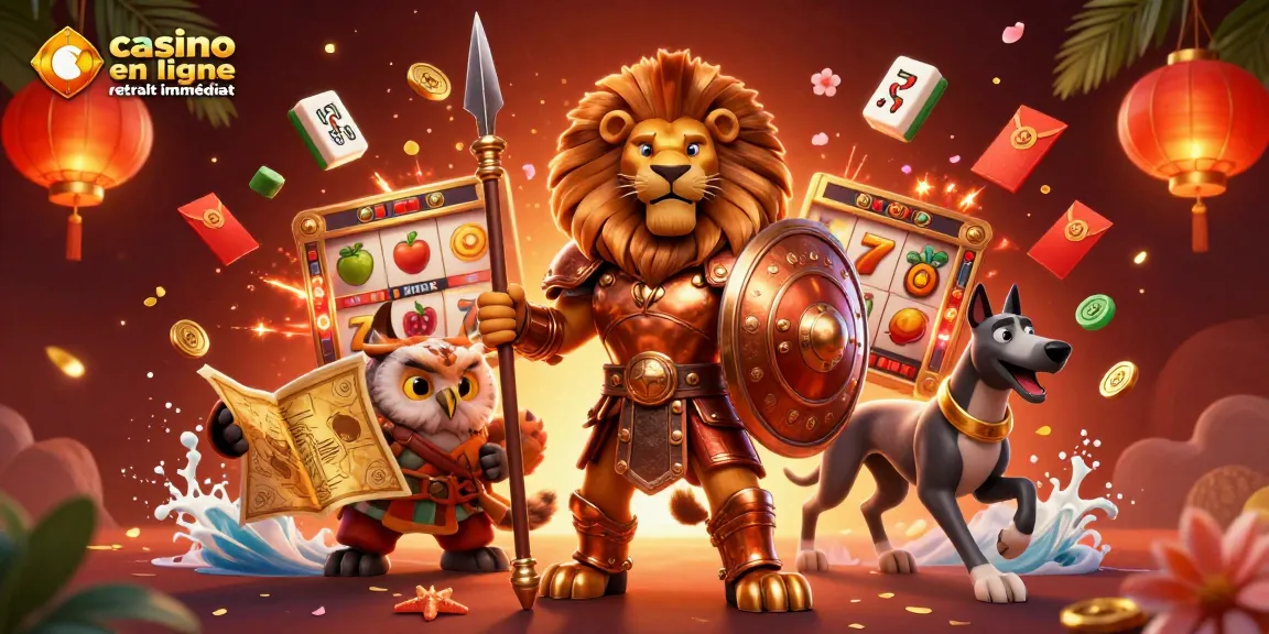 Profitez du casino en ligne retrait immédiat avec ce lion en armure et ses alliés, entourés d'éléments de jeu croustillants.