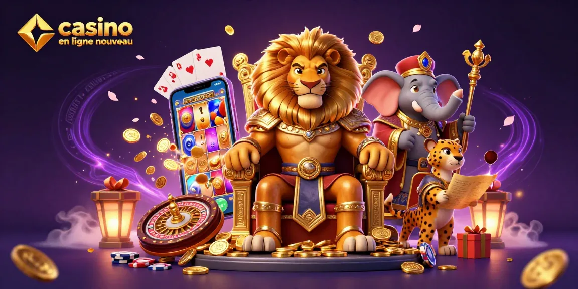 Découvrez le nouveau casino en ligne avec un roi lion, un éléphant sage et un guépard, illustrant le divertissement et les gains.