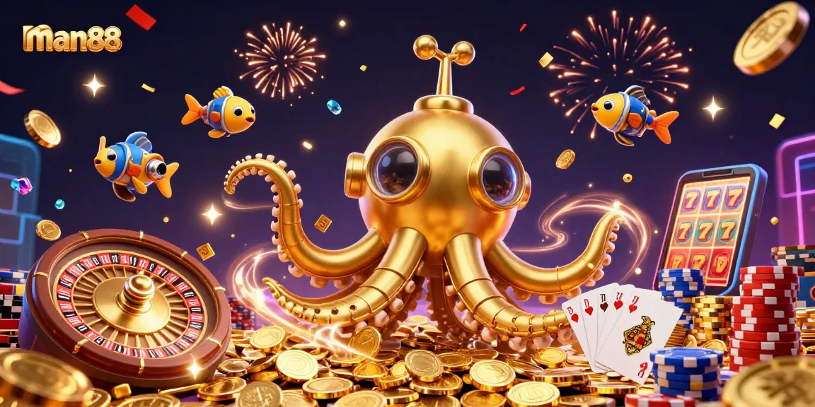 Join the excitement with man88's golden kraken submarine surfacing amidst casino treasures.