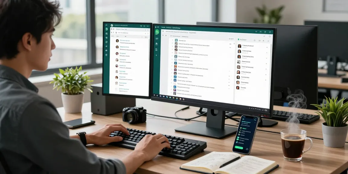 Workspace scene featuring a professional using WhatsApp電腦版 on a large monitor to enhance productivity.