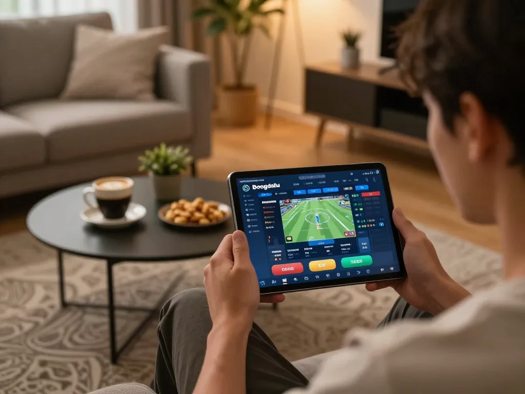 Bongdalu online betting experience on tablet showcasing live sports scores in a cozy home setting.