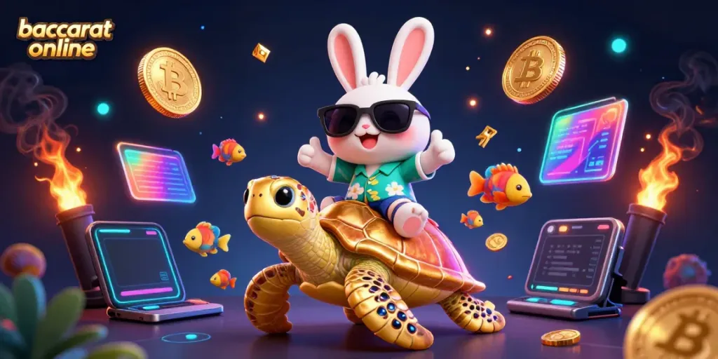 Experience the excitement of baccarat online with a cartoon rabbit and sea turtle in a vibrant digital casino scene.