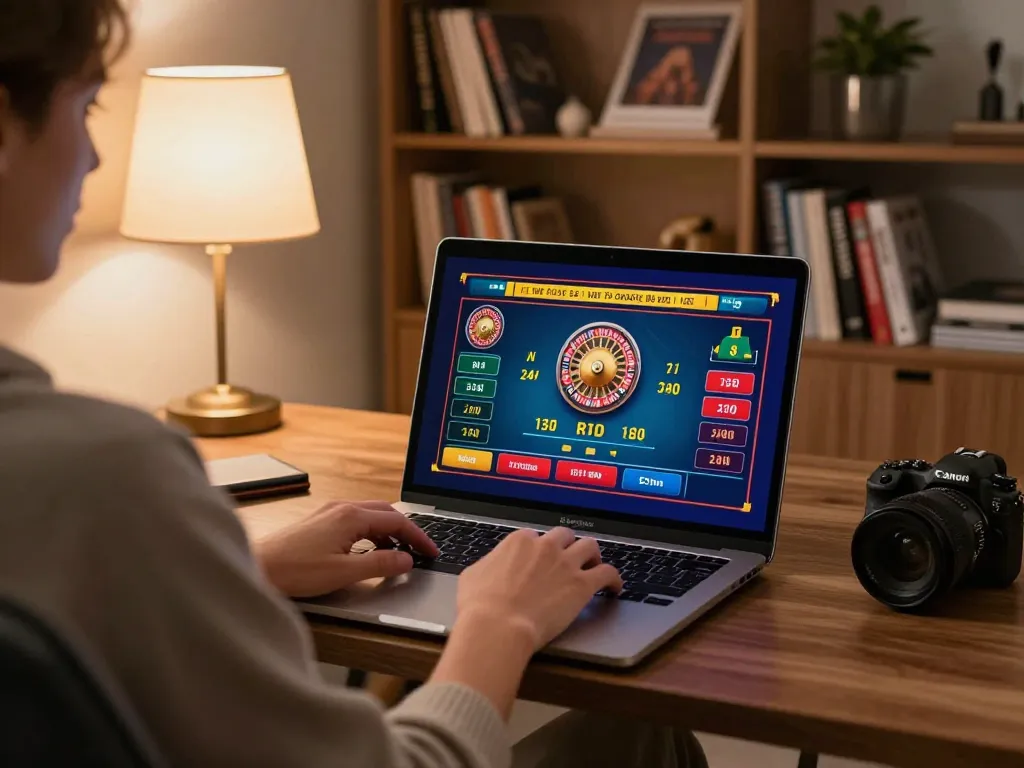 Engaging player using 777x com for online roulette in cozy office setup, showcasing responsible gambling.
