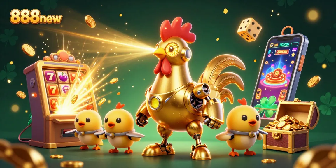 Experience the thrill of jackpots with 888new featuring a golden rooster robot and slot machine action.
