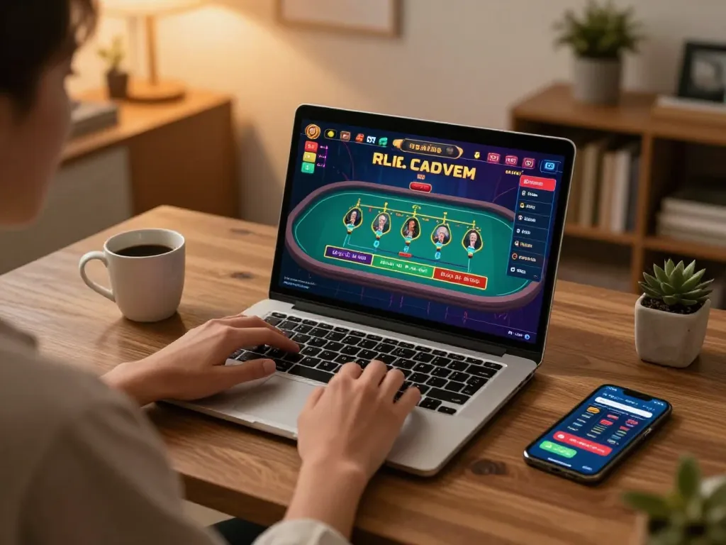 58wiin player engaging in online gaming at home with laptop, smartphone, and cozy ambiance.