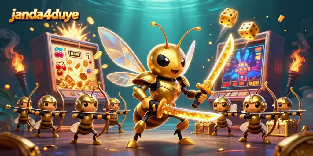 Janda4duye menampilkan raja kasino dalam pertempuran, memenangkan jackpot dengan slot 3D dengan simbol berkilauan.