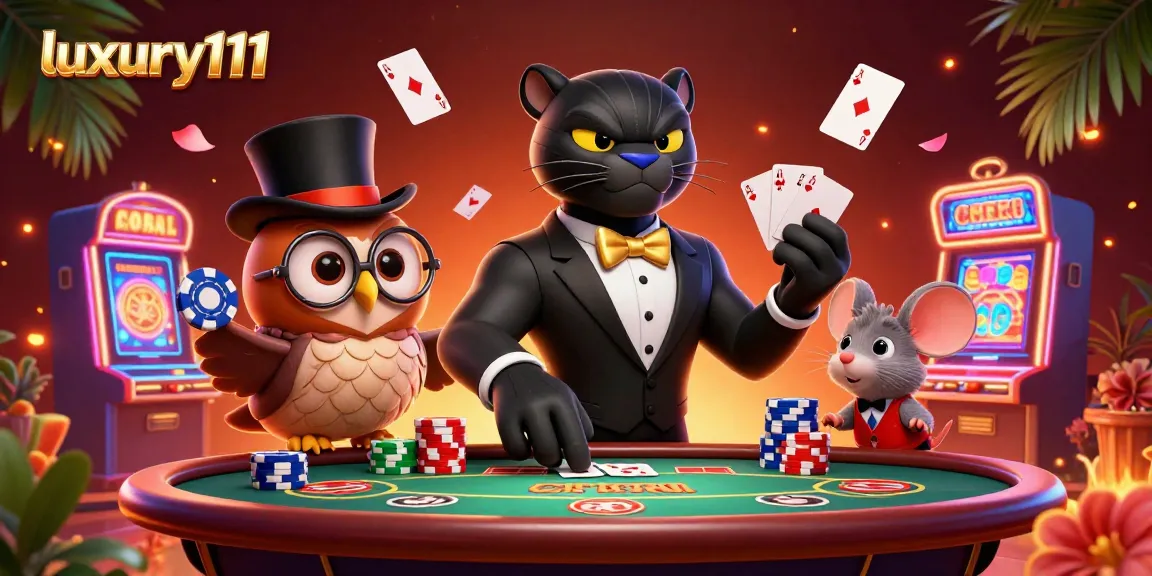 Experience casino action with luxury111 as a stylish panther deals cards among vibrant 3D gaming elements.