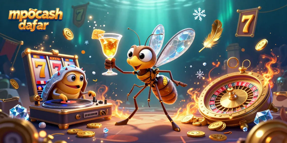 MPOCASH daftar showcases a lively casino scene with unique characters, slot reels, and a rich atmosphere.