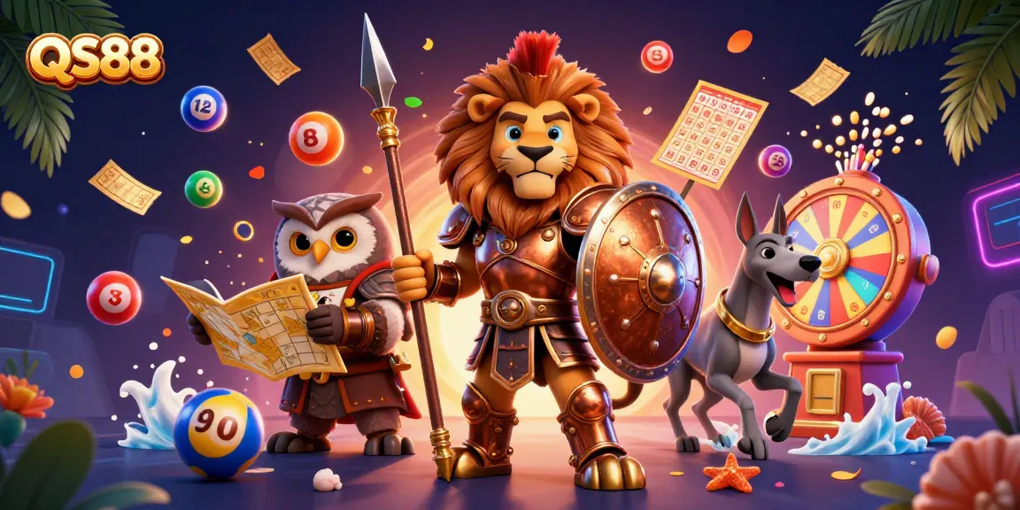 Experience the excitement of QS88 with dynamic lottery elements and engaging characters in a vibrant casino scene.