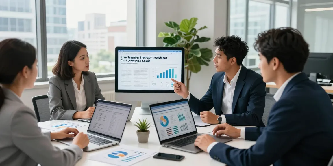Business professionals discussing live transfer merchant cash advance leads in a modern office.