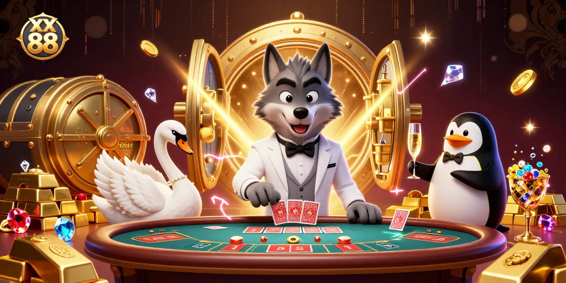 Experience excitement with xx 88 at a baccarat table featuring a debonair wolf, elegant swan, and sommelier.